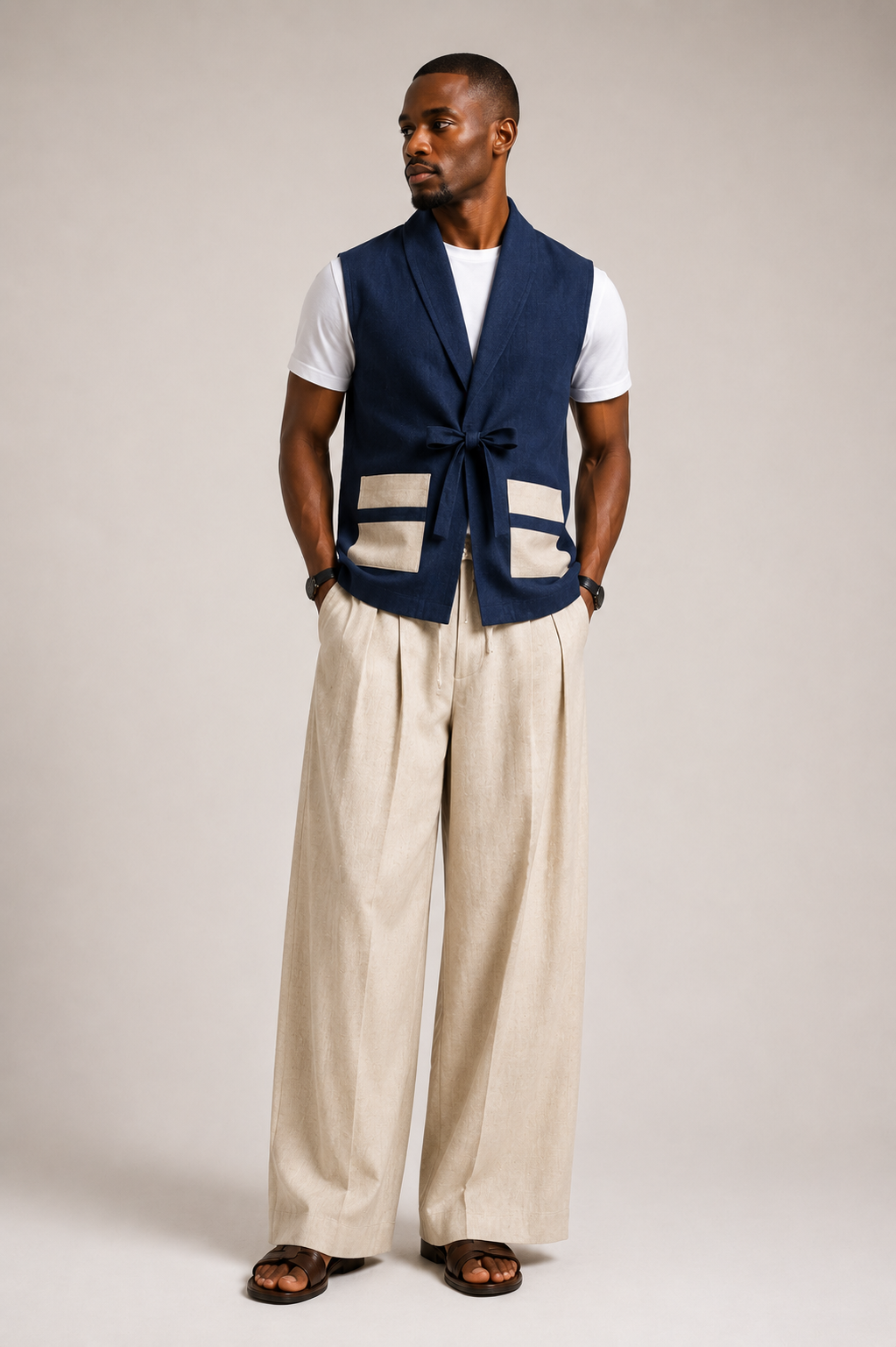 Gilet kimono bleu marine noué et pantalon large en lin écru, Atelier XƆVI
