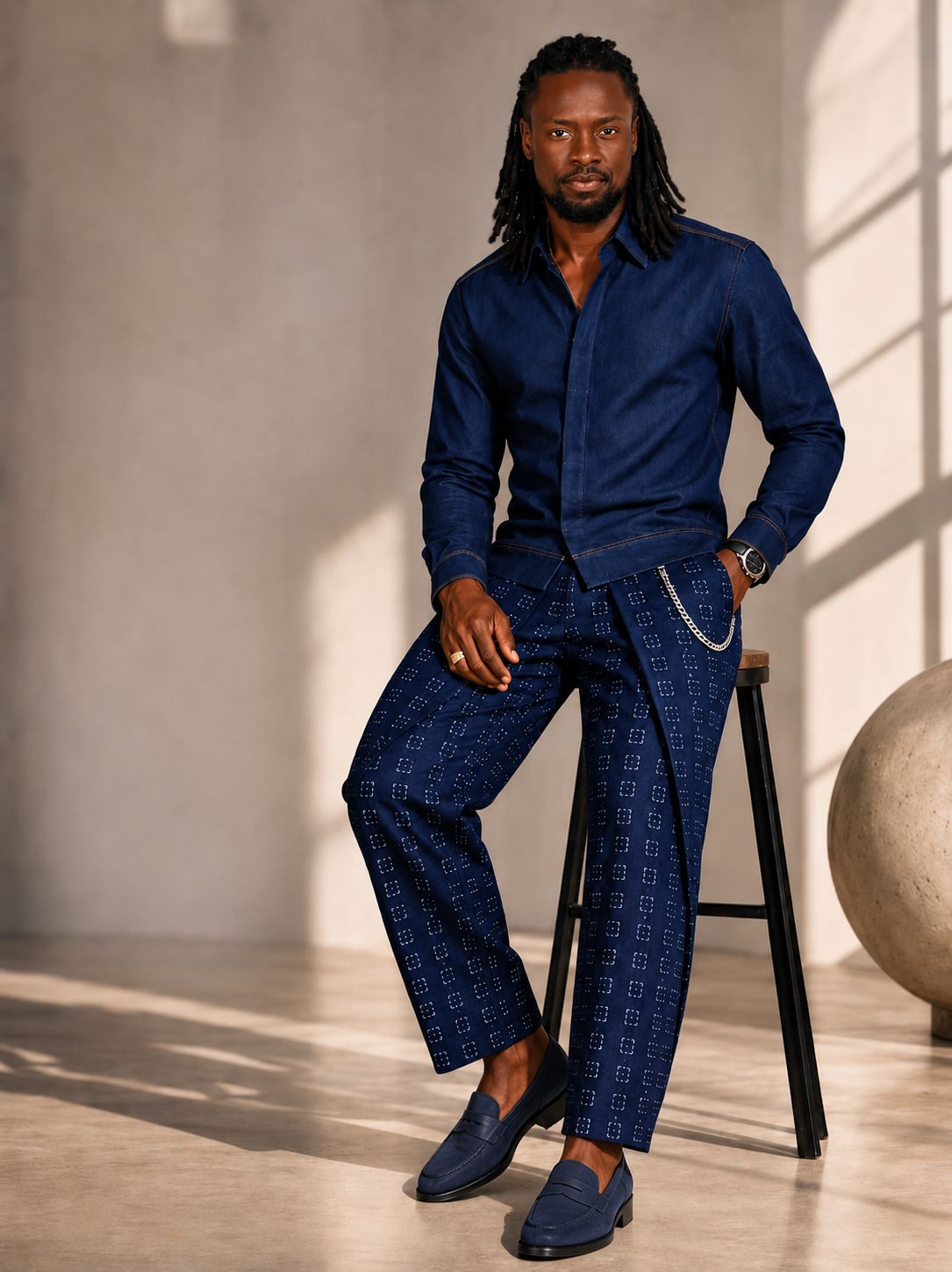 Ensemble denim indigo, chemise et pantalon à motifs, Atelier XƆVI